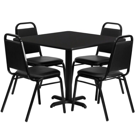 HDBF1009-GG 36 in. Square Black Laminate Table Set with 4 Black Trapezoidal Back Banquet Chairs