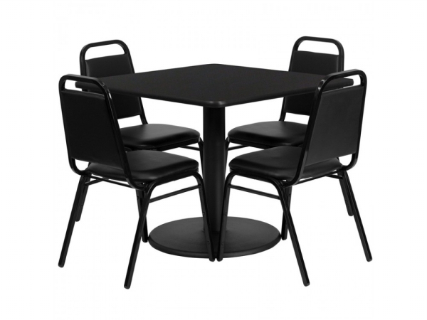 RSRB1009-GG 36 in. Square Black Laminate Table Set with 4 Black Trapezoidal Back Banquet Chairs
