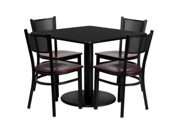MD-0008-GG 36 in. Square Black Laminate Table Set with 4 Grid Back Metal Chairs - Mahogany Wood Seat