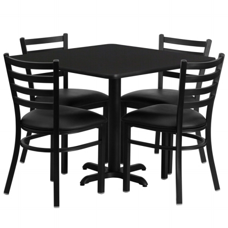 HDBF1013-GG 36 in. Square Black Laminate Table Set with 4 Ladder Back Metal Chairs - Black Vinyl Seat