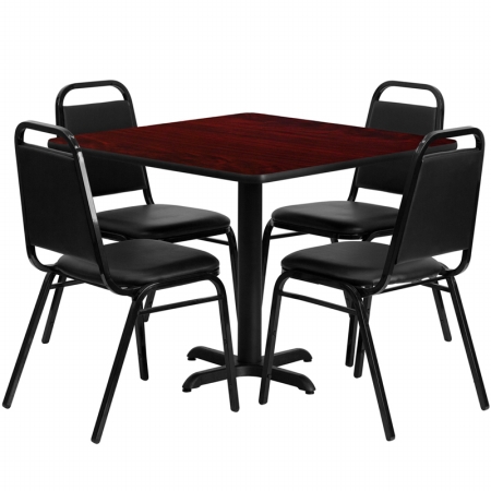 HDBF1010-GG 36 in. Square Mahogany Laminate Table Set with 4 Black Trapezoidal Back Banquet Chairs