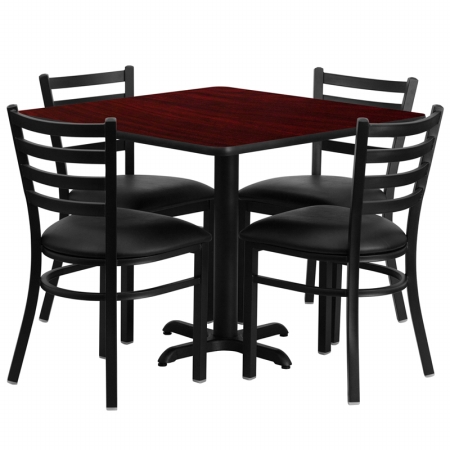 HDBF1014-GG 36 in. Square Mahogany Laminate Table Set with 4 Ladder Back Metal Chairs - Black Vinyl Seat