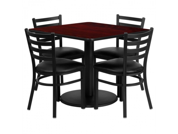 RSRB1014-GG 36 in. Square Mahogany Laminate Table Set with 4 Ladder Back Metal Chairs - Black Vinyl Seat
