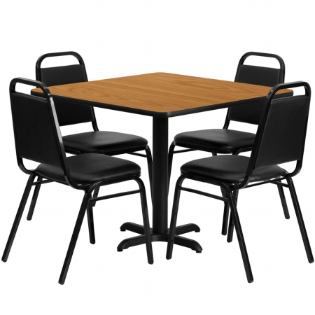 HDBF1011-GG 36 in. Square Natural Laminate Table Set with 4 Black Trapezoidal Back Banquet Chairs