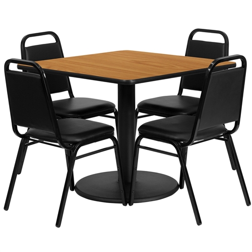 RSRB1011-GG 36 in. Square Natural Laminate Table Set with 4 Black Trapezoidal Back Banquet Chairs
