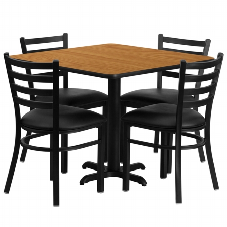 HDBF1015-GG 36 in. Square Natural Laminate Table Set with 4 Ladder Back Metal Chairs - Black Vinyl Seat
