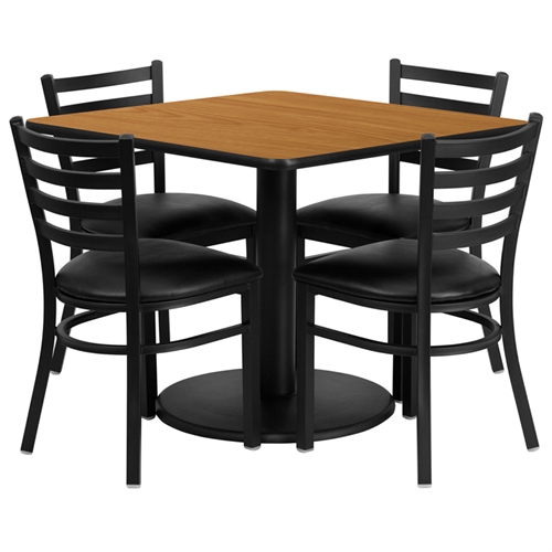 RSRB1015-GG 36 in. Square Natural Laminate Table Set with 4 Ladder Back Metal Chairs - Black Vinyl Seat