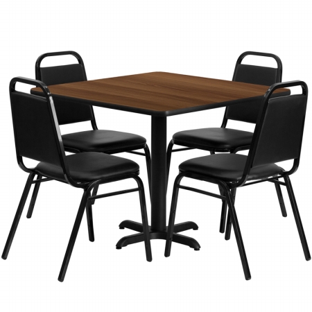 HDBF1012-GG 36 in. Square Walnut Laminate Table Set with 4 Black Trapezoidal Back Banquet Chairs