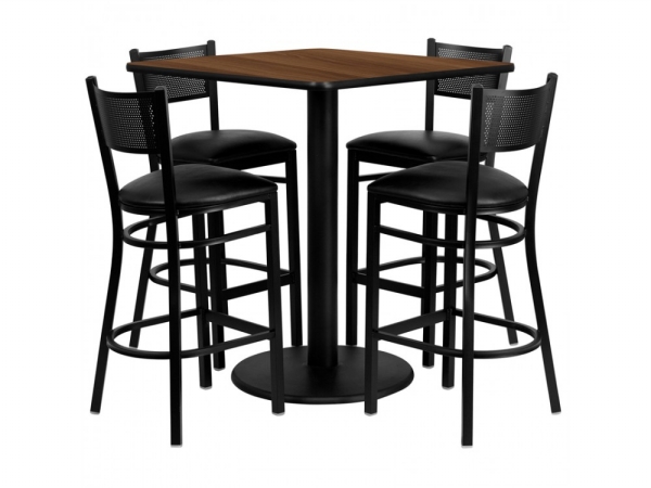 MD-0015-GG 36 in. Square Walnut Laminate Table Set with 4 Grid Back Metal Bar Stools - Black Vinyl Seat