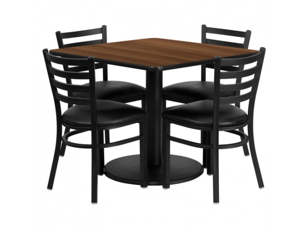 RSRB1016-GG 36 in. Square Walnut Laminate Table Set with 4 Ladder Back Metal Chairs - Black Vinyl Seat