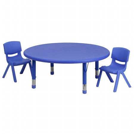 YU-YCX-0053-2-ROUND-TBL-BLUE-R-GG 45 in. Round Adjustable Blue Plastic Activity Table Set with 2 School Stack Chairs