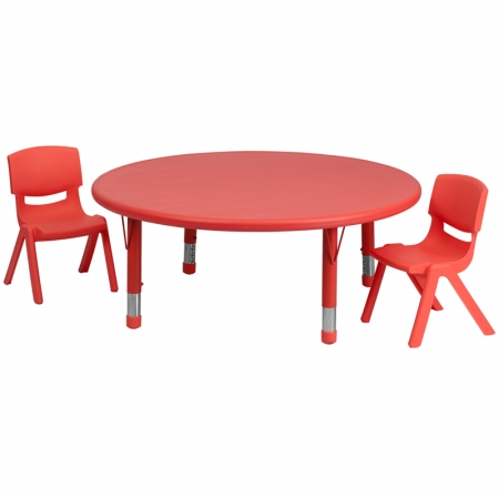 YU-YCX-0053-2-ROUND-TBL-RED-R-GG 45 in. Round Adjustable Red Plastic Activity Table Set with 2 School Stack Chairs
