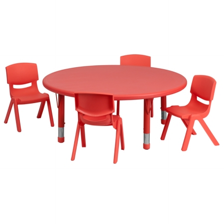 YU-YCX-0053-2-ROUND-TBL-RED-E-GG 45 in. Round Adjustable Red Plastic Activity Table Set with 4 School Stack Chairs