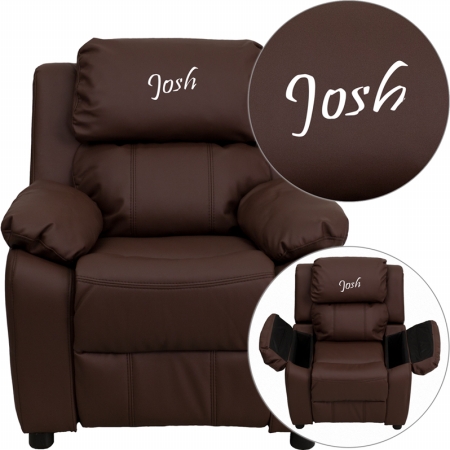 Picture of Flash Furniture BT-7985-KID-BRN-LEA-EMB-GG Personalized Deluxe Heavily Padded Brown Leather Kids Recliner with Storage Arms