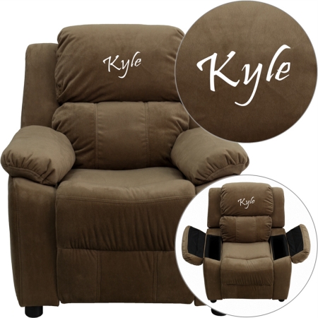 Picture of Flash Furniture BT-7985-KID-MIC-BRN-EMB-GG Personalized Deluxe Heavily Padded Brown Microfiber Kids Recliner with Storage Arms