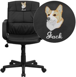 GO-228S-BK-LEA-EMB-GG Embroidered Mid-Back Black Leather Office Chair with Nylon Arms