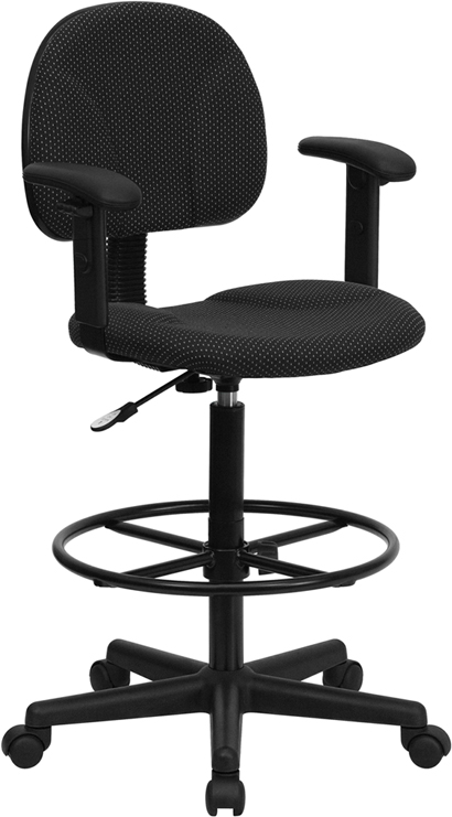 Ergonomic Drafting Stool - Black Patterned Fabric - Adjustable Height - Arms Included
