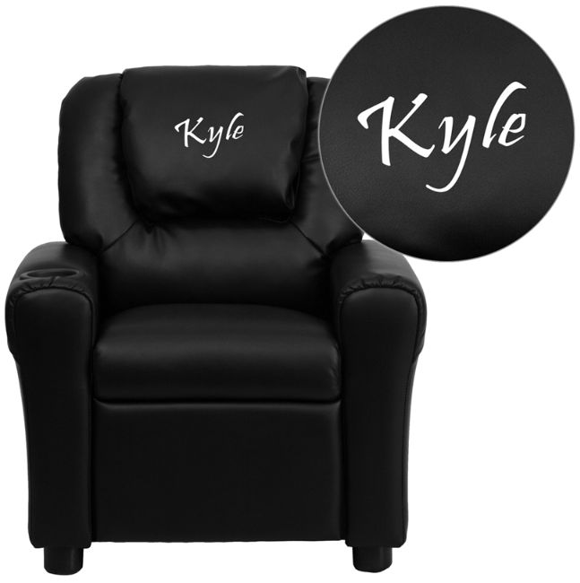Picture of Flash Furniture DG-ULT-KID-BK-EMB-GG Personalized Black Vinyl Kids Recliner with Cup Holder and Headrest