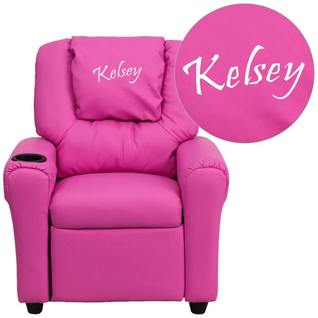 Picture of Flash Furniture DG-ULT-KID-HOT-PINK-EMB-GG Personalized Hot Pink Vinyl Kids Recliner with Cup Holder and Headrest