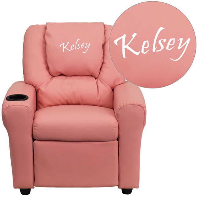 Picture of Flash Furniture DG-ULT-KID-PINK-EMB-GG Personalized Pink Vinyl Kids Recliner with Cup Holder and Headrest