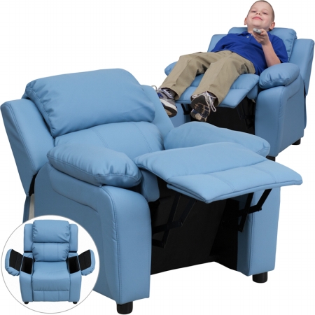 Picture of Flash Furniture BT-7985-KID-LTBLUE-GG Deluxe Heavily Padded Contemporary Light Blue Vinyl Kids Recliner with Storage Arms