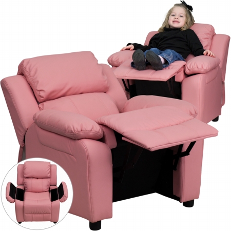 Picture of Flash Furniture BT-7985-KID-PINK-GG Deluxe Heavily Padded Contemporary Pink Vinyl Kids Recliner with Storage Arms