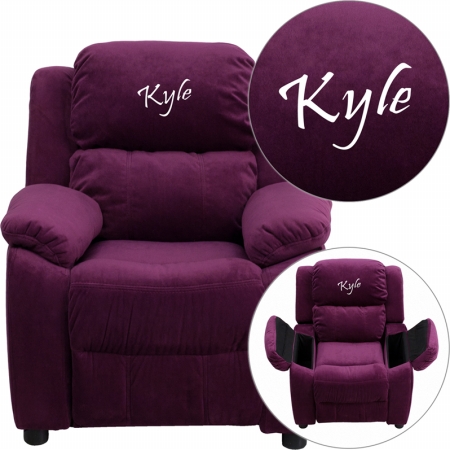 Picture of Flash Furniture BT-7985-KID-MIC-PUR-EMB-GG Personalized Deluxe Heavily Padded Purple Microfiber Kids Recliner with Storage Arms