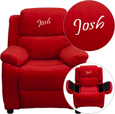 Picture of Flash Furniture BT-7985-KID-MIC-RED-EMB-GG Personalized Deluxe Heavily Padded Red Microfiber Kids Recliner with Storage Arms