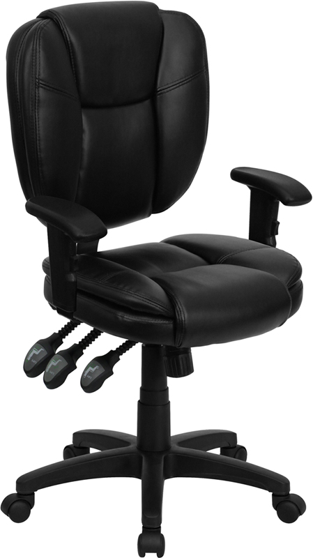 Picture of Flash Furniture GO-930F-BK-LEA-ARMS-GG Mid-Back Black Leather Multi-Functional Ergonomic Task Chair with Arms