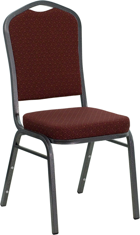 HERCULES Series Crown Back Stacking Banquet Chair with Burgundy Patterned Fabric and 2.5 in. Thick Seat - Silver Vein Frame []