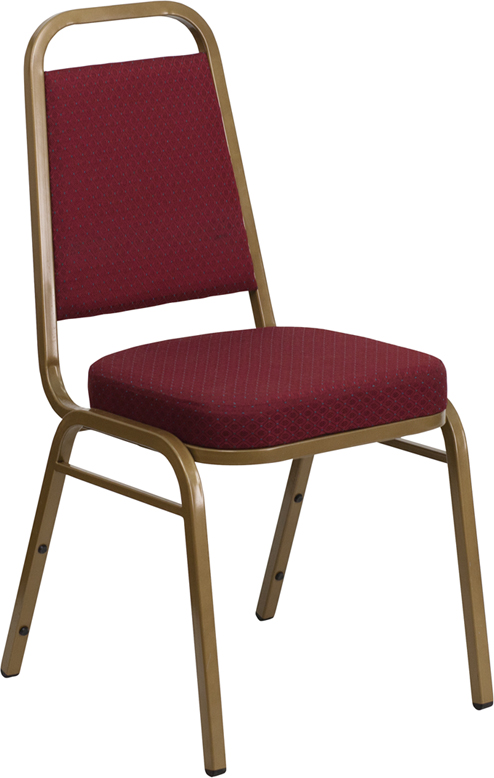 HERCULES Series Trapezoidal Back Stacking Banquet Chair with Burgundy Patterned Fabric and 2.5 in. Thick Seat - Gold Frame