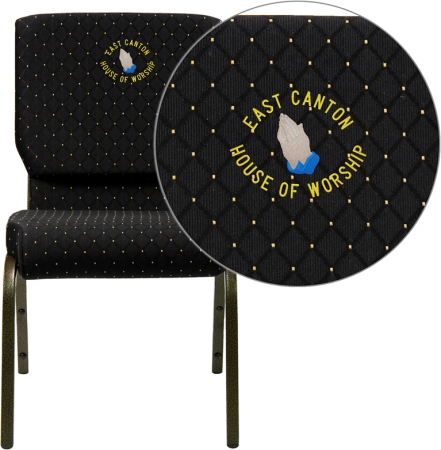 XU-CH-60096-BK-EMB-GG Embroidered HERCULES Series 18.5 in. Wide Black Dot Patterned Stacking Church Chair with 4.25 in. Thick Seat - Gold Vein Frame