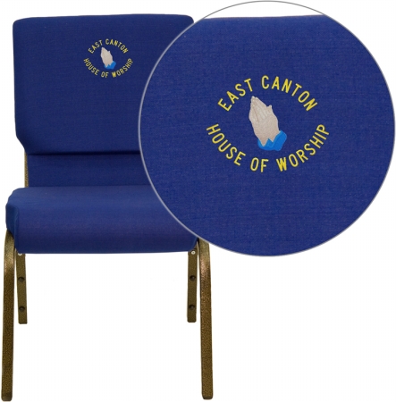XU-CH-60096-NVY-EMB-GG Embroidered Hercules Series 18.5 in. Wide Navy Blue Stacking Church Chair with 4.25 in. Thick Seat - Gold Vein Frame