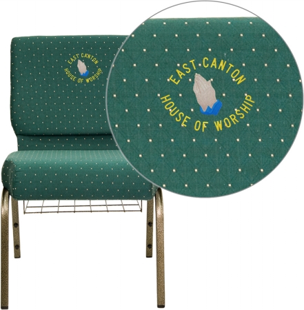 Embroidered Hercules Series 21 in. Extra Wide Hunter Green Dot Patterned Stacking Church Chair with 4 in. Thick Seat - Gold Vein Frame