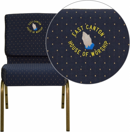 Embroidered Hercules Series 21 in. Extra Wide Navy Blue Dot Patterned Stacking Church Chair with 4 in. Thick Seat - Gold Vein Frame