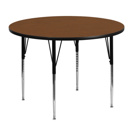 XU-A48-RND-OAK-H-A-GG 48 in. Round Activity Table with 1.25 in. Thick High Pressure Oak Laminate Top and Standard Height Adjustable Legs