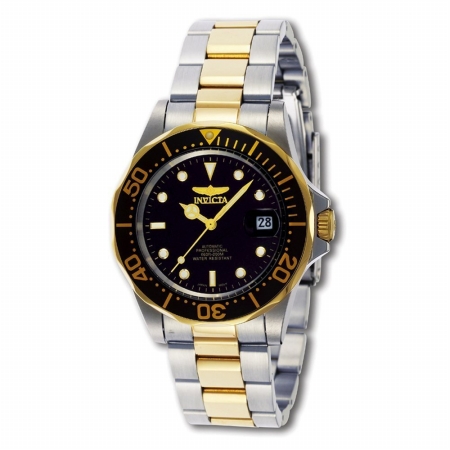 Invicta  Mens Automatic Pro Diver on a Stainless Steel & Goldtone Bracelet With a Black Dial and Bezel Watch -  The Gem Collection, TH611307