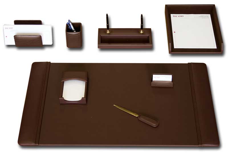 D3412 Chocolate Brown Leather 8-Piece Desk Set -  Dacasso
