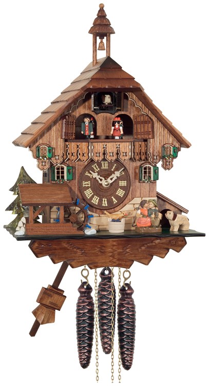 Picture of River City Cuckoo MD498-14 One Day Musical Cuckoo Clock Cottage - Boy and Girl Kiss  Waterwheel Turns