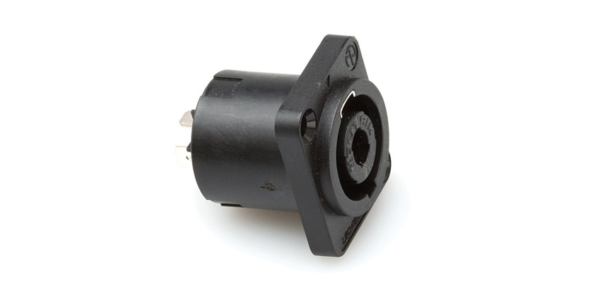 speakON 4 pole chassis connector, black D-size flange, countersunk thru holes, 3/16-in flat tabs