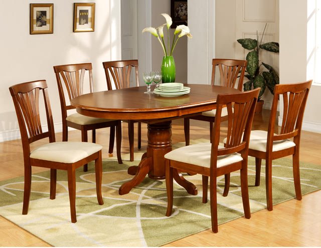 Wooden Imports Furniture AV7-SBR-C 7PC Avon Dining Table and 6 Microfiber Upholstered Seat Chairs in Saddle Brown Finish -  Wooden Imports Furniture LLC, AVON7-SBR-C