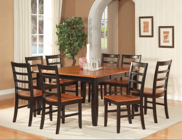 Wooden Imports Furniture PF9-BLK-W 9PC Parfait Square Table with 18 in. Butterfly Leaf & 8 Wood Seat Chairs in Black & Cherry Finish