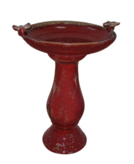 Picture of Alpine Corp. TLR102RD Antique Ceramic Bird Bath with 2 Birds - Red