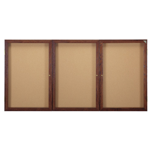 Ghent PN34896K 48 in. x 96 in. 3-Door Wood Frame Walnut Finish Enclosed Tackboard - Natural Cork -  Ghent Manufacturing