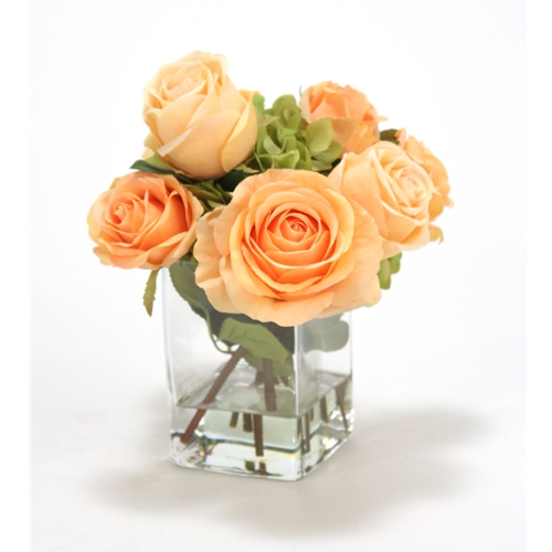 Waterlook Silk Roses and Hydrangeas in a Clear Glass Square
