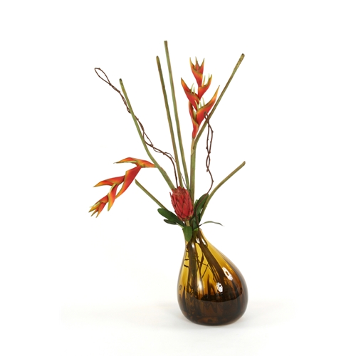 Picture of Distinctive Designs 15869 Waterlook Silk Heliconias in an Amber Gourd Vase