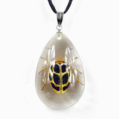 Necklace  Clear  teardrop shape   Black & White Leaf Beetle