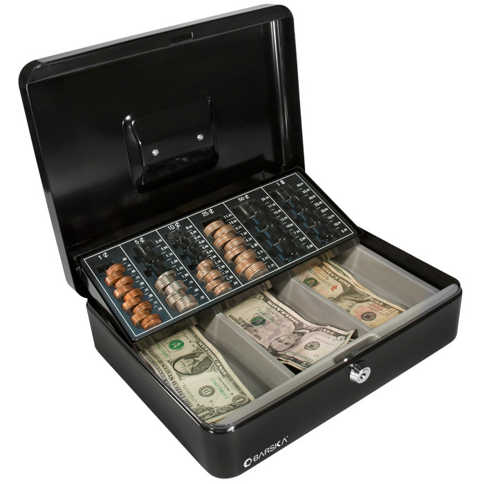 Picture of Barska Optics CB11790 12 in. Cash Box and Coin Tray with Key Lock  Black