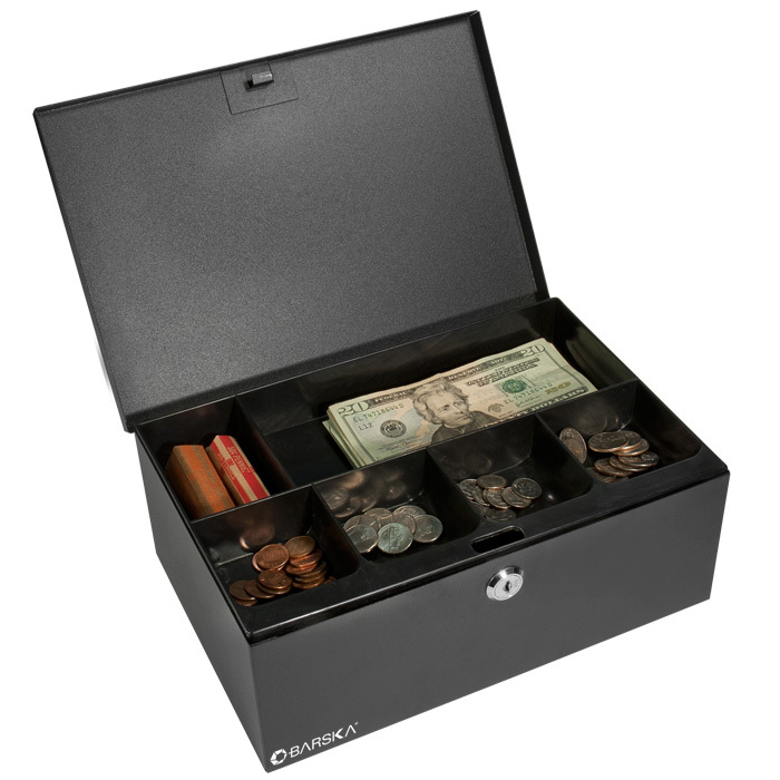 Picture of Barska Optics CB11792 17 in. Cash Box and 6 Compartment Tray with Key Lock