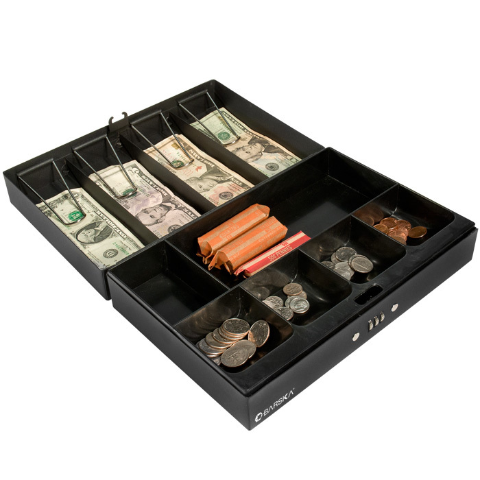 Picture of Barska Optics CB11794 17 in. Cash Box 4 Bill Holder and 6 Compartment Tray with Combination Lock